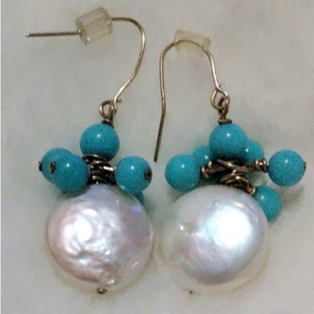Earrings White Baroque pearls, Turquoise Blue beads silver  hook drop pierced